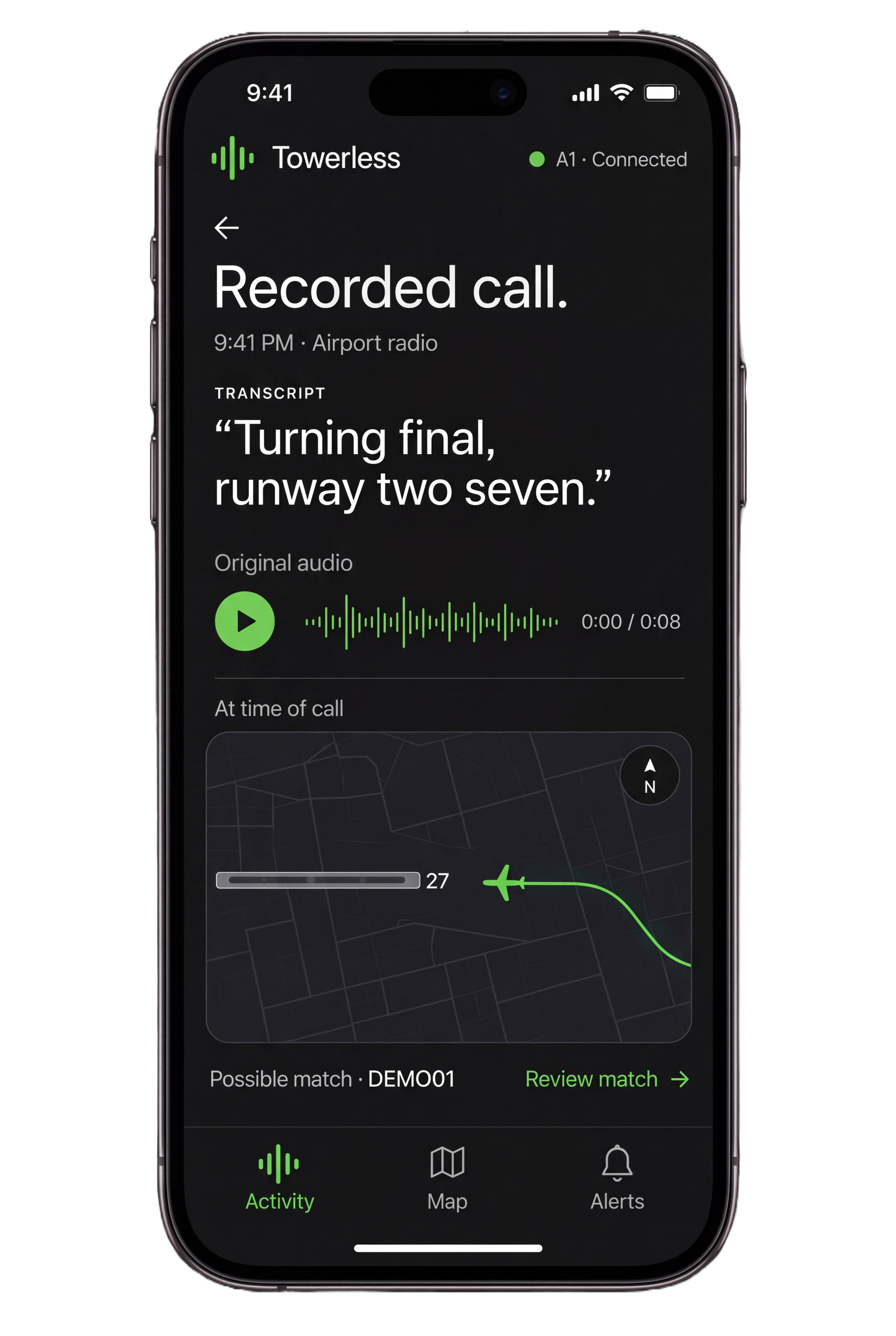 Towerless phone app showing a recorded call, transcript, original audio and aircraft position