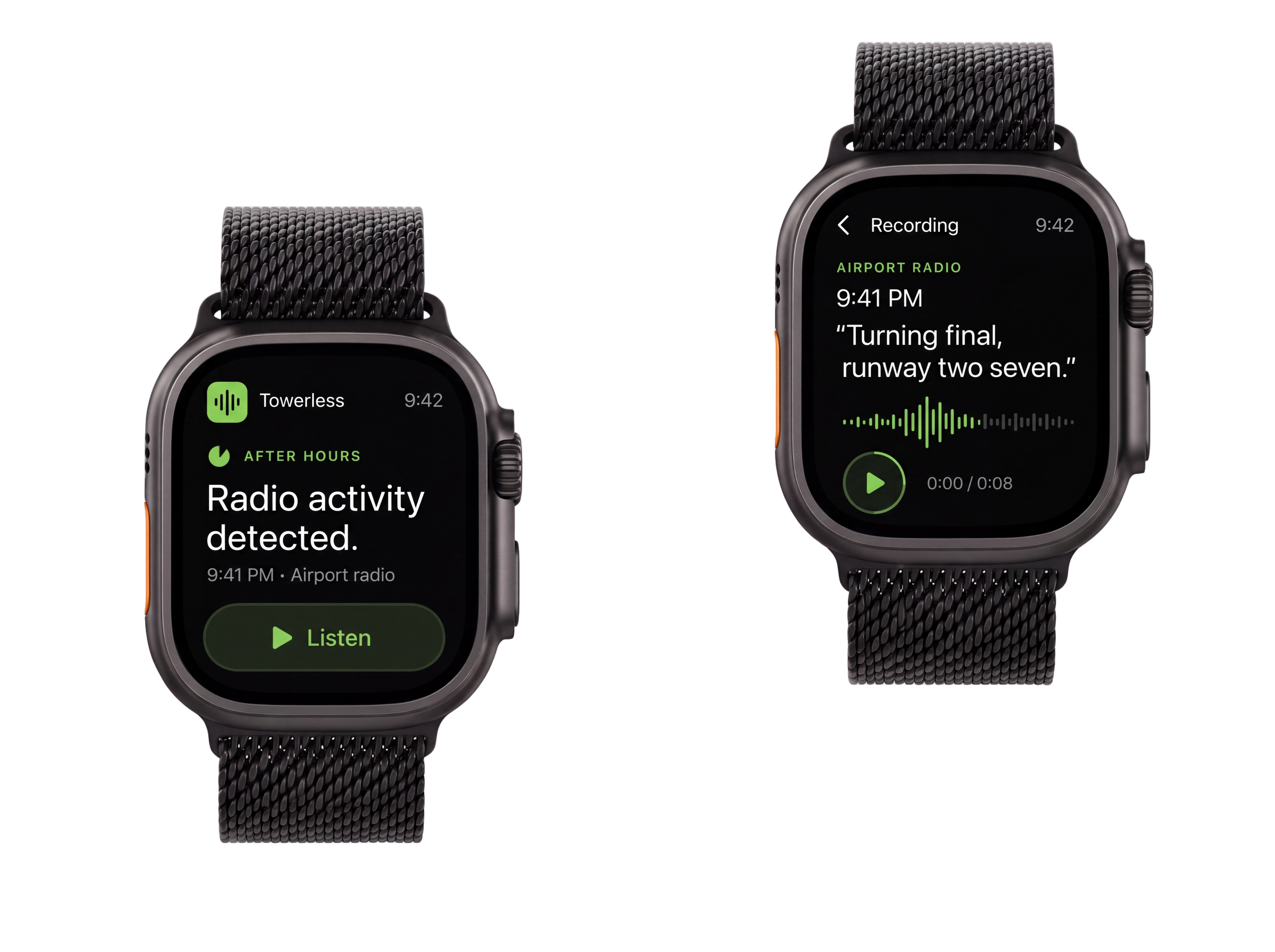 Watch showing a Towerless after-hours radio-activity notification