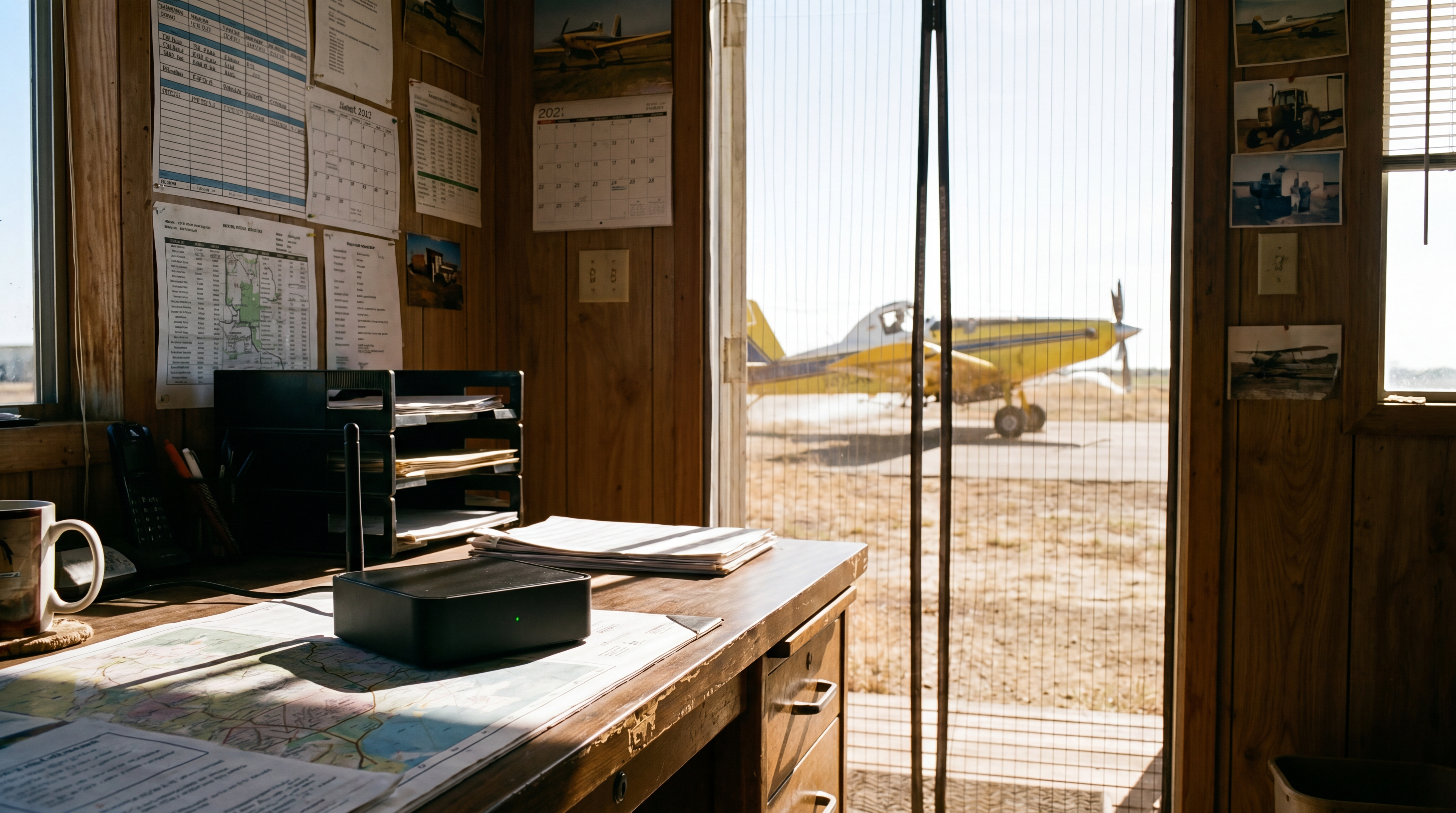 Towerless receiver in a field office with a yellow aircraft outside