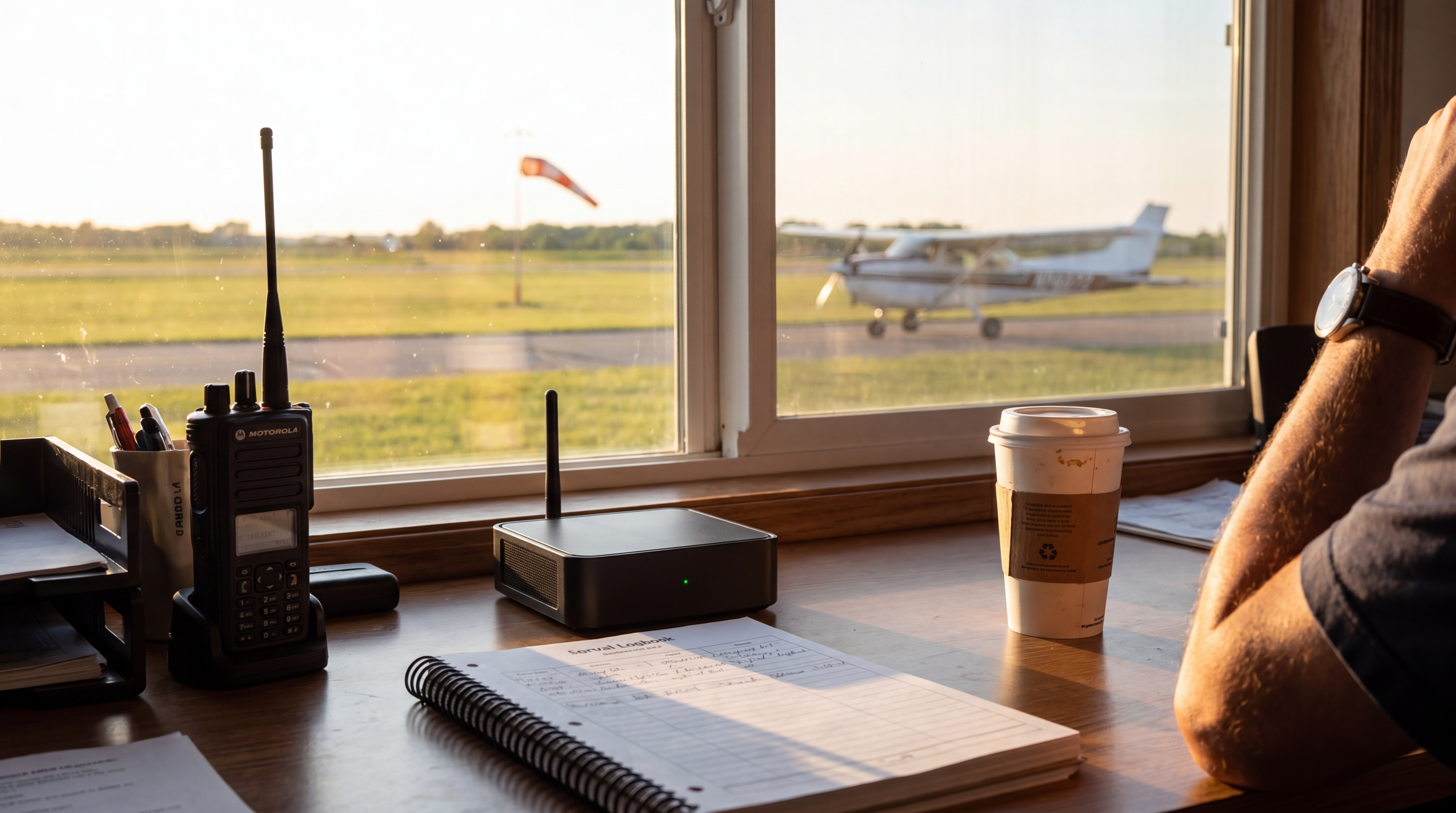 Towerless receiver and radio beside an airport window